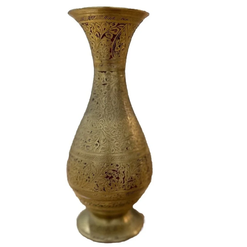 Vintage Brass Indian Vase Intricate Etched Floral Design Red Enamel 8 Inch